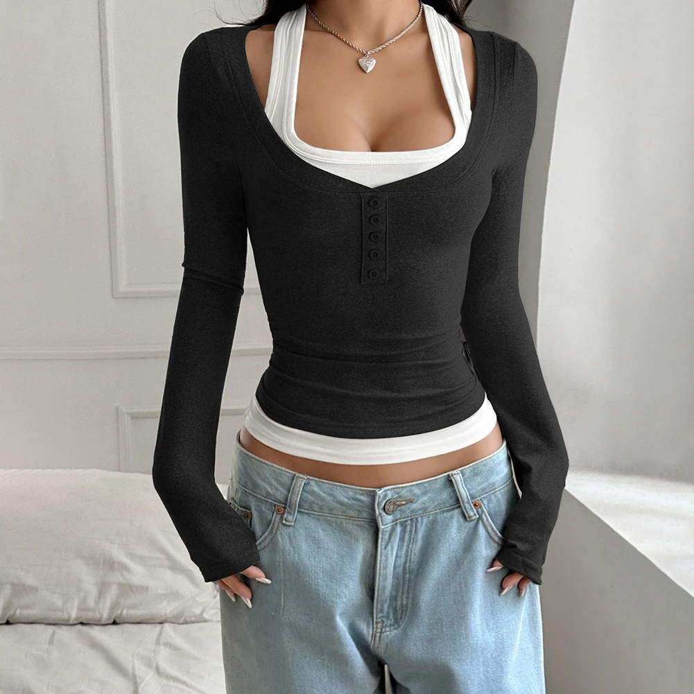 Women\'s Long Sleeve T Shirt Featuring Fake Two Piece Suspender Style Suitable for Daily and Holiday Casual Outfits