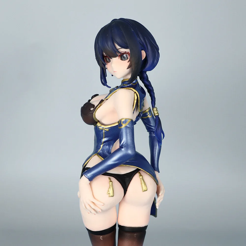 Dark Blue Short Hair Anime Girl Figure Cheongsam Costume Black Stockings PVC Model Desktop Collectible Ornament Fan Display Gift