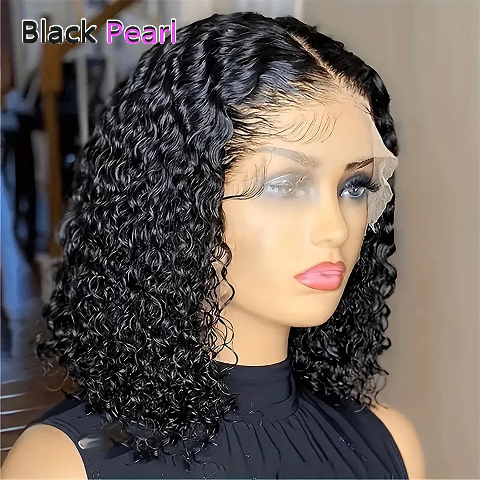 Peruca de cabelo humano peruano pérola preta curto bob estilo t-parte sem cola onda profunda kinky encaracolado peruca para mulher 12 Polegada