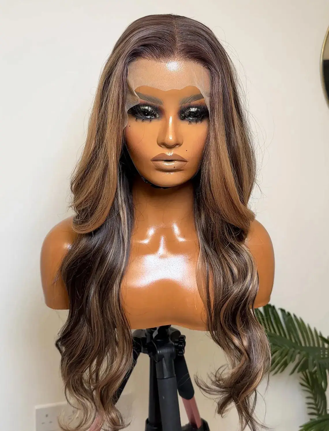 Highlight Honey Brown Mix Synthetic Wig With Dark Roots Body Wave Balayage Heat Safe Lace Front Synthetic Wig Daily Cosplay Wigs