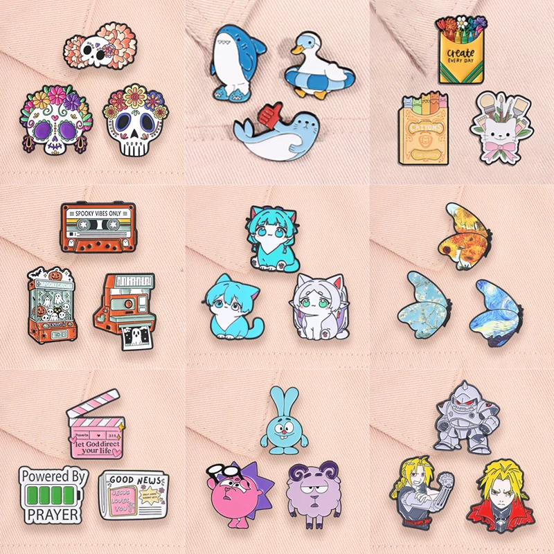 3pcs/set Anime Neko Cat Enamel Pins Marine Creatures Day of the Dead Inspirational Spanish Quotes Cartoon Animal Brooches Badge