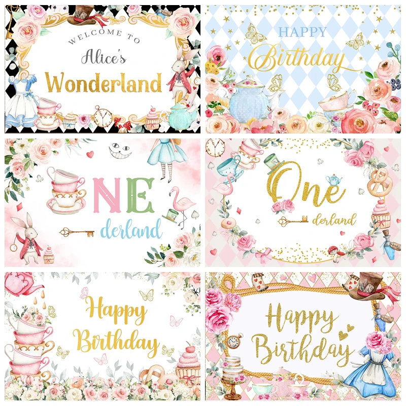 

Happy Colour Alice in Wonderland Theme Birthday Backdrop Girls Princess Party Photography Fairy Tale Scene Decor Photo Studio