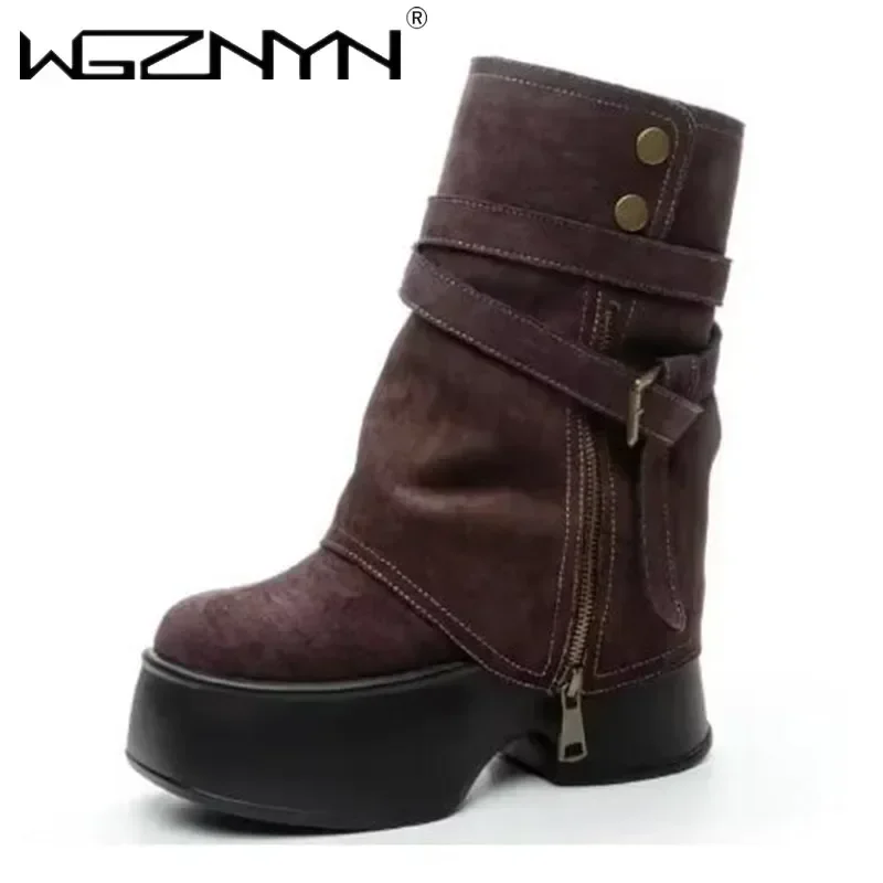 11CM Wildleder Echtes Leder Frühling Plattform Keil Flache Frauen Herbst Winter Britischen Motorrad Mode Abnehmbare Stiefeletten Schuh