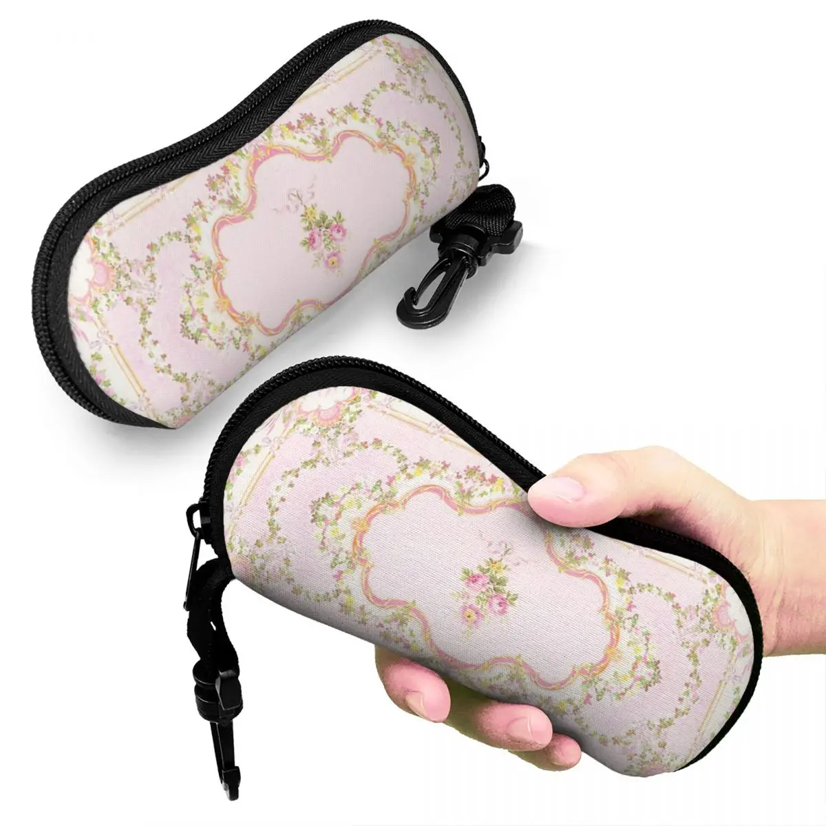 

French Rococo Pink Floral Watercolor Panel Shell Glasses Case Protector Sunglasses Box Women Men Soft Eyeglasses Bag Pouch