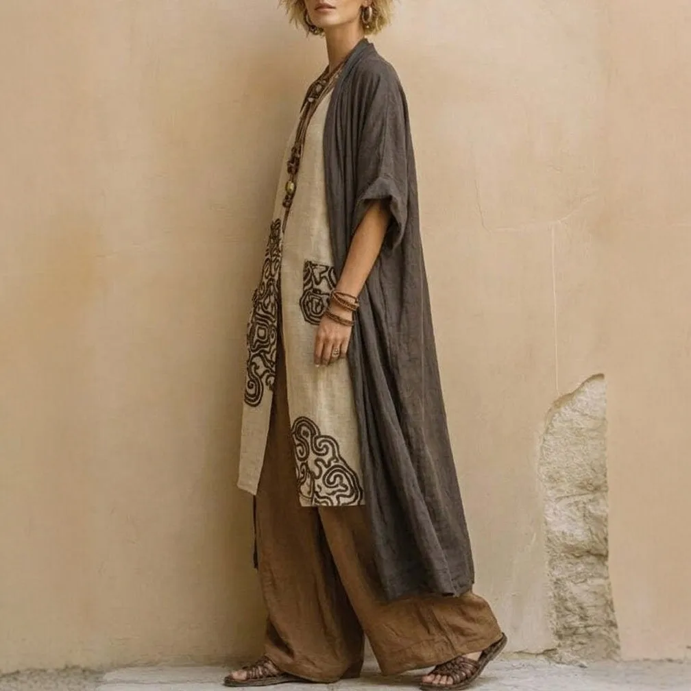 

2 Piece Set Pants Boho Embroidered Wide Leg Trousers Summer Geometric Pattern Wide Leg Pants Beige And Brown Linen Look Pants
