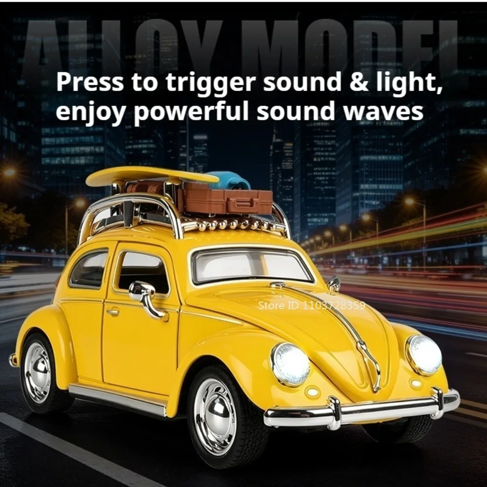 1:32 Beetle Model Vintage Car Toy Alloy Diecast Exquisite Interior Doors Opened Pull Back Sound Light Home Decoration Car Models