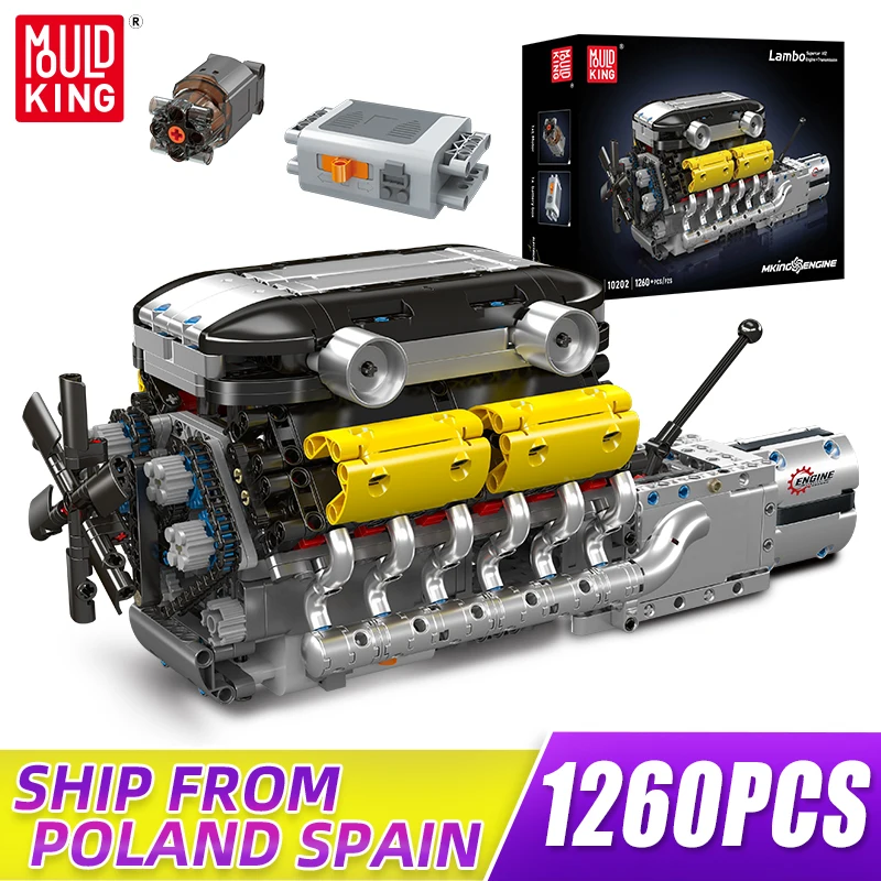 Mould King 10202 Technical Lambo Supe Car V1 Engine with Transmission Building Blocks Motorized Car Engine Toy Set