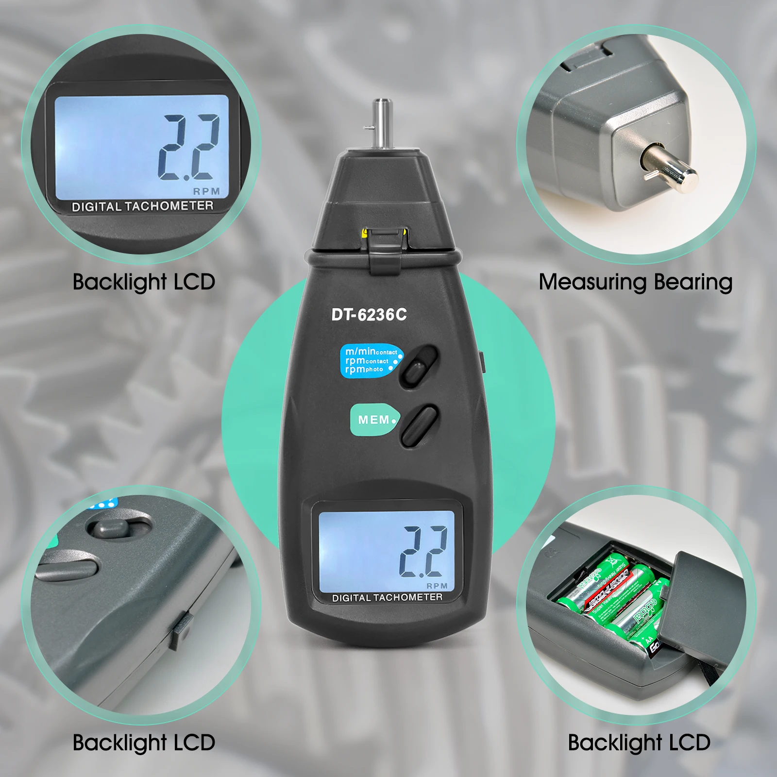 Digital Tachometer, Noncontact Laser Photo Sensor with 2.5 to 99,999 RPM Accuracy, RPM Gauge Marker with Batteries Included