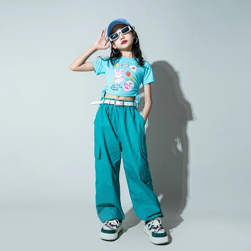 Hip Hop Girls T-shirt Street Dance Solid Cargo Pants Child Candy Color Streetwear Crop Top Clothes Set Kids Sweet Jazz Costumes