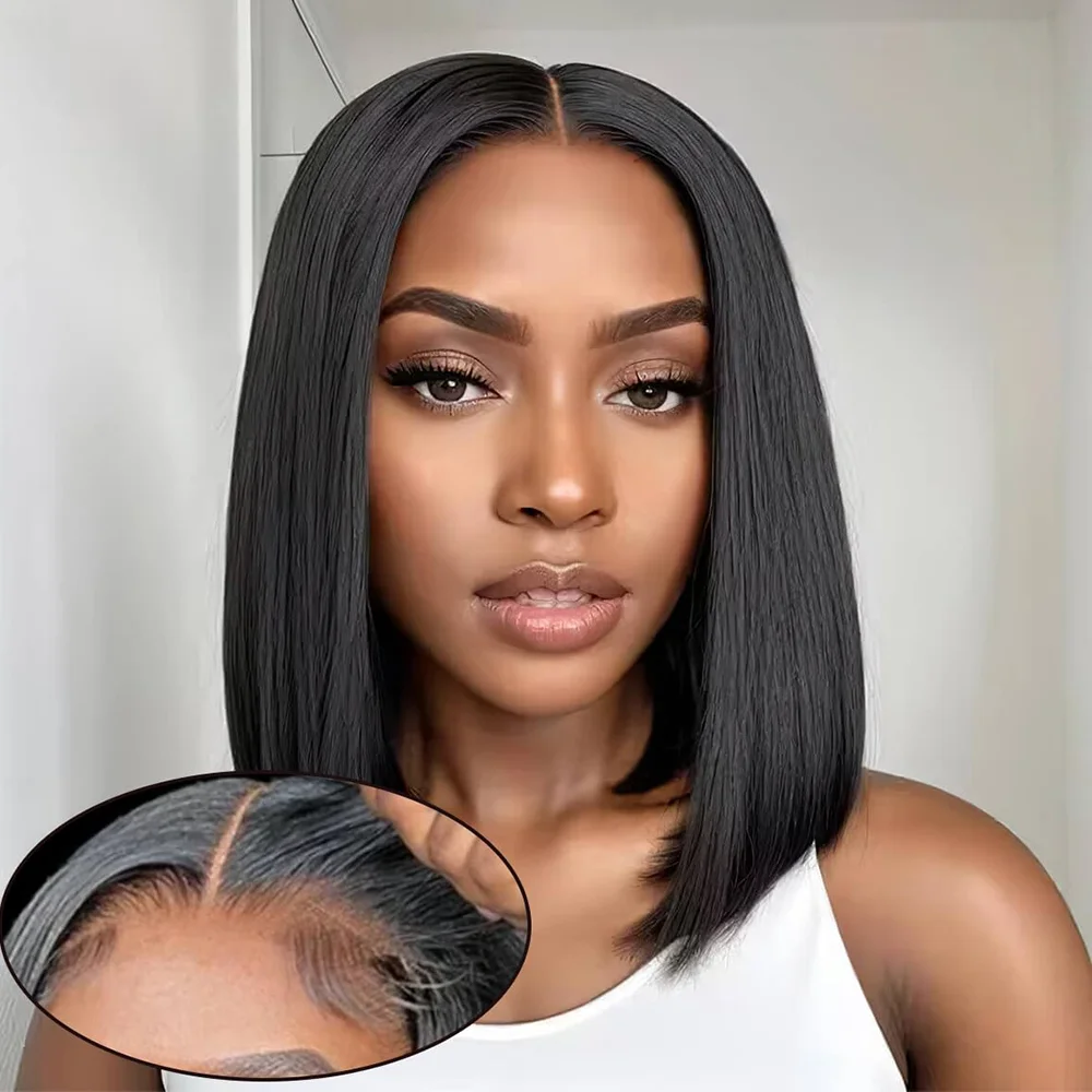 Perruque Bob Courte Droite en Cheveux Humains Sans Colle Prête à Porter – Perruques Sans Colle pour Débutantes avec Fermeture en Dentelle pour Femmes