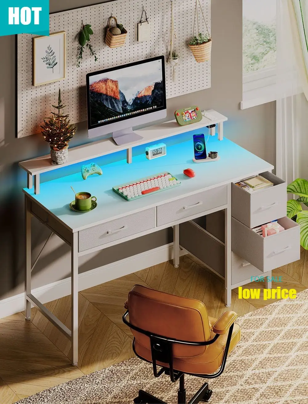 

Компьютерный стол с розетками и LED-подсветкой, 39-дюймовый стол для домашнего офиса с 5 ящиками, письменный стол с подставкой для монитора, рабочий стол