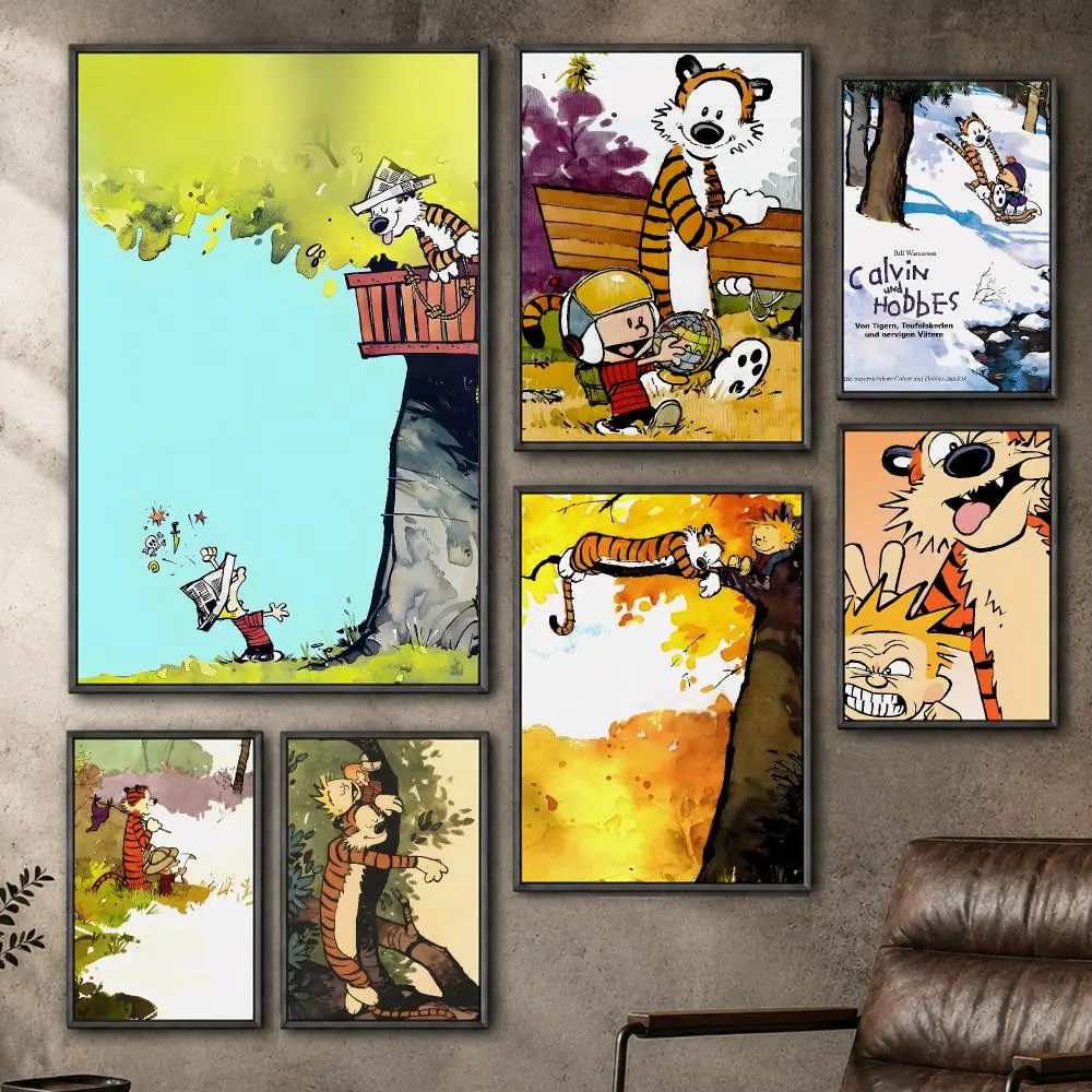 Comic Calvin And Hobbes Classic Humor Poster  PP Self Adhesive Home Garage Dorm Bar Wall Decor Aesthetic Retro Gift