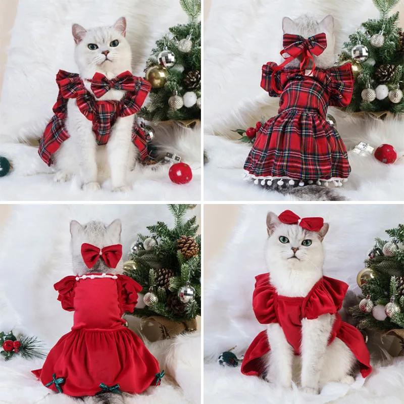 XS/X/M/L/XL Dog Dresses Strap Autumn Winter Dog Clothing Skirt Cat Pet Clothing Cosplay Christmas Checker Clothes for Small Dog