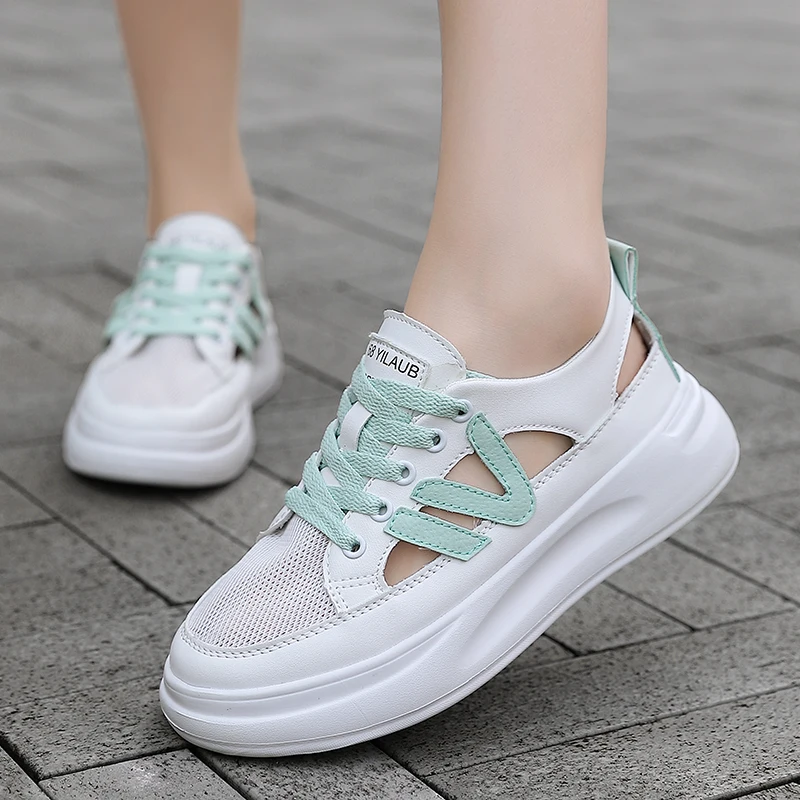 Bkqu Damen Skateboard Schuhe flache Sport Turnschuhe Sommer atmungsaktive leichte Schnürung Low-Top für weibliche Luftloch Mode