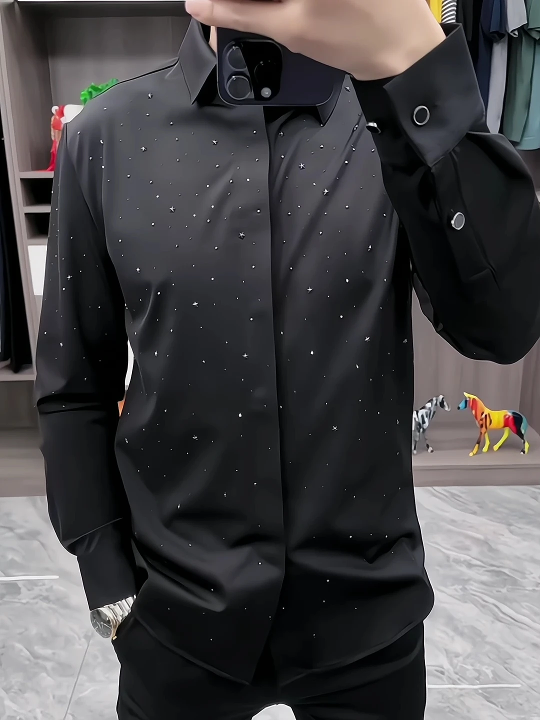 

Элегантная мужская рубашка с длинным рукавом, роскошная модная деловая рубашка с алмазным принтом, универсальная стильная модель для весны и осени, новинка.