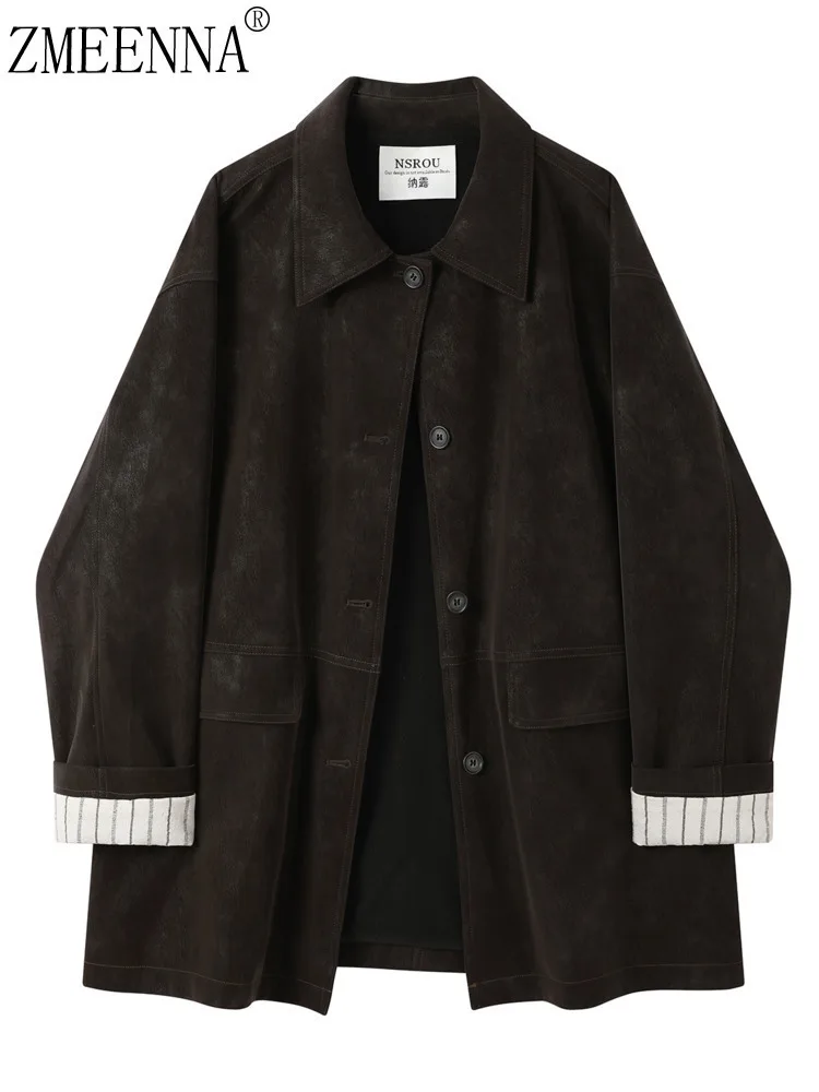 

ZMEENNA женская коричневая куртка из искусственной кожи с отложным воротником и пуговицами, верхняя одежда с длинными рукавами и полосатыми манжетами, повседневная ZM4493