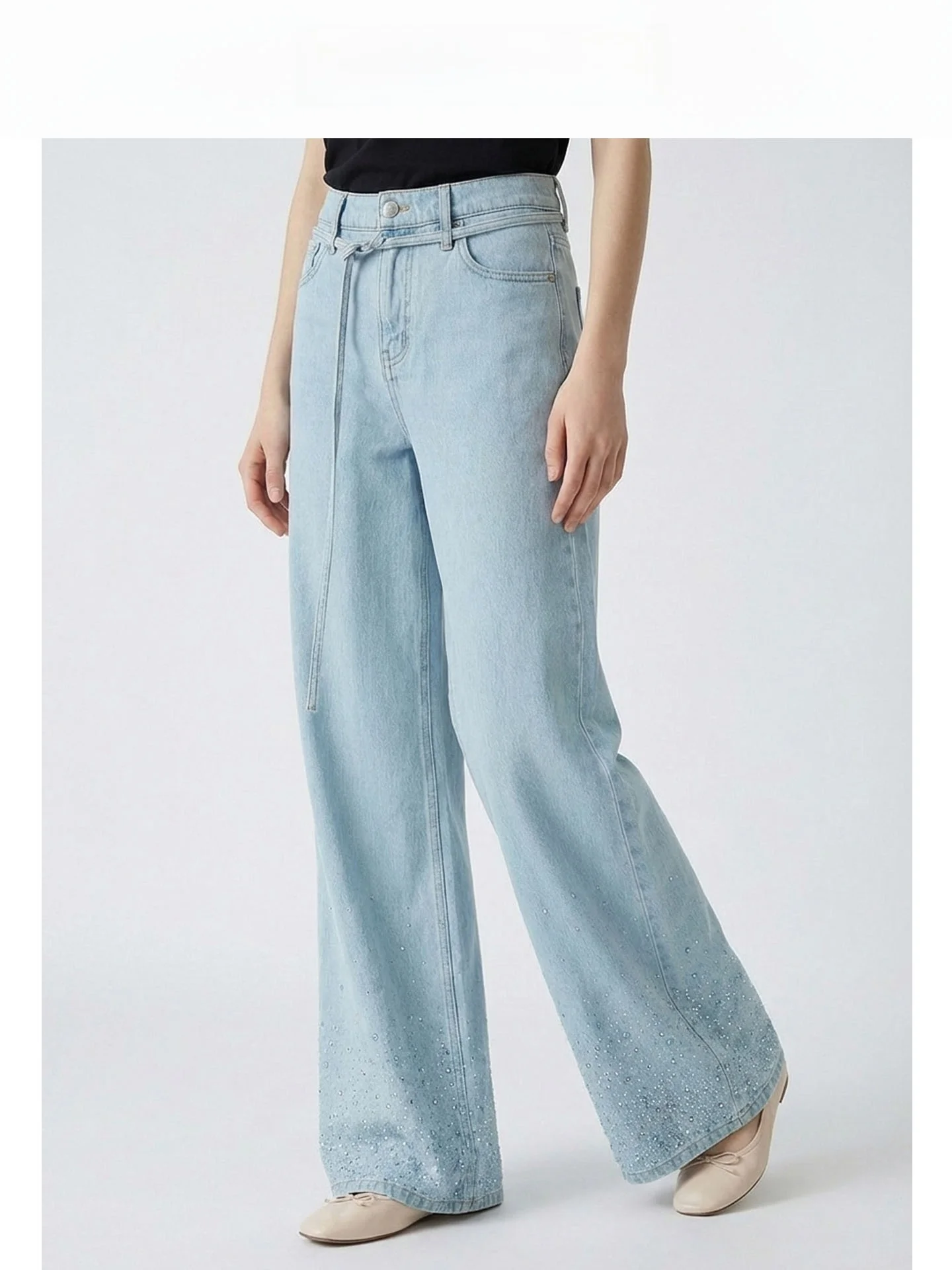 

Elegant High Waist Wide Leg Denim Jeans Women's New Style Drapey Slimming Straight Floor-Length Pants Glittering Rhinestones
