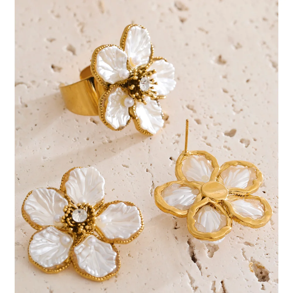 Yhpup Popular Stainless Steel Resin Pearls Flower Retro Stud Earrings Ring Set Waterproof Fashion Trendy Attractive Jewelry 2025