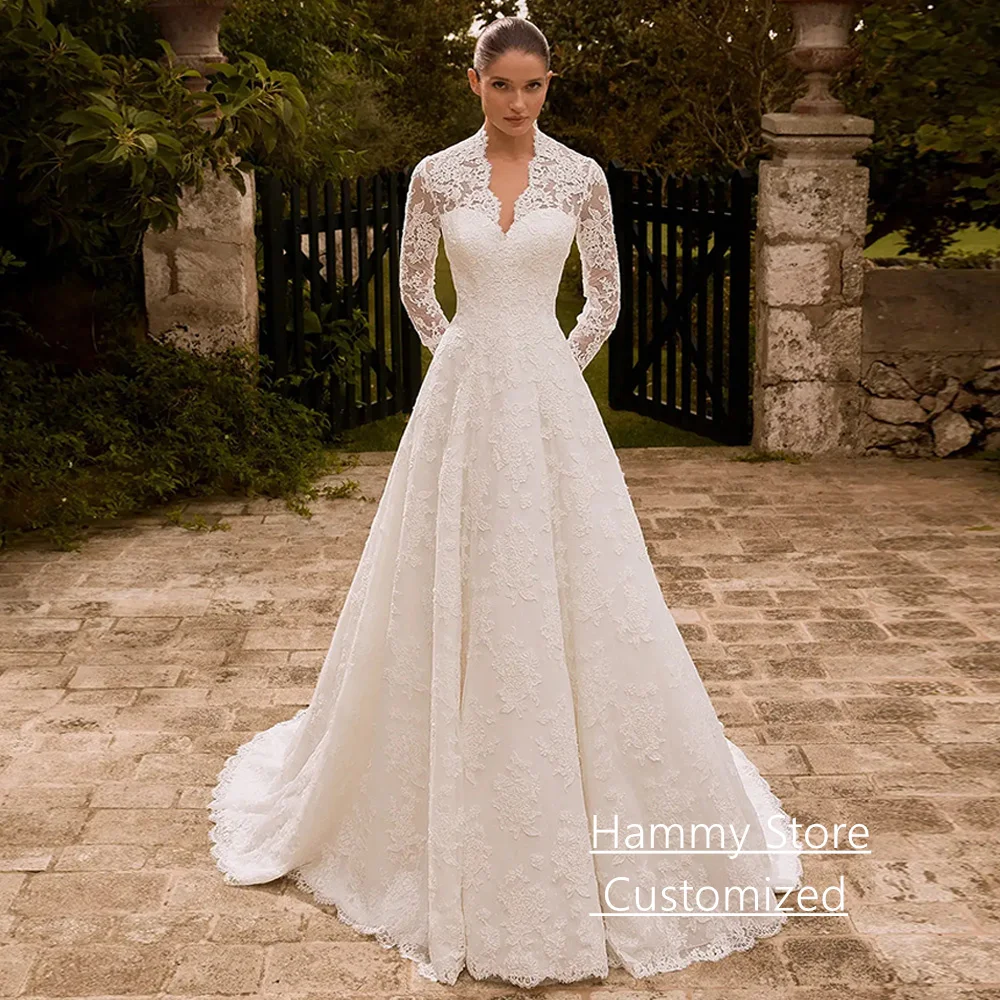 Vestido De novia árabe modesto, personalizado, manga larga, cuello en V, encaje exquisito, línea A, vestido De novia árabe saudí, bata De novia