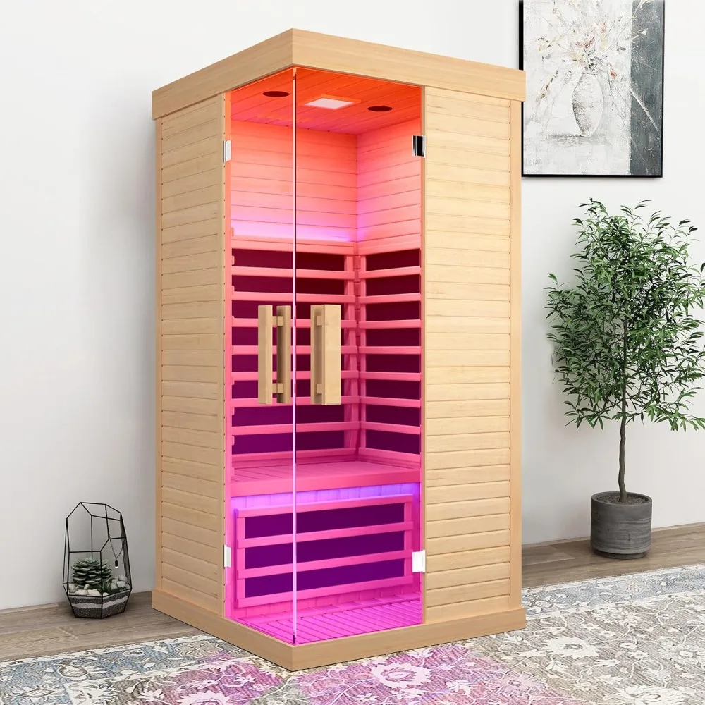 Sala sauna con barra di ossigeno Terapia a 7 colori, Sauna interna a infrarossi lontani Hemlock canadese Sauna a basso EMF da 1420 W, Spa per persona singola