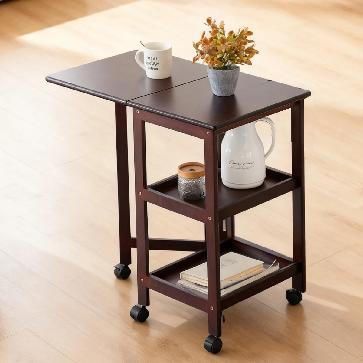 

Extendable Folding Bamboo Coffee Table 3-Tier Storage Rack Mobile Cart for Living Room Office Walnut