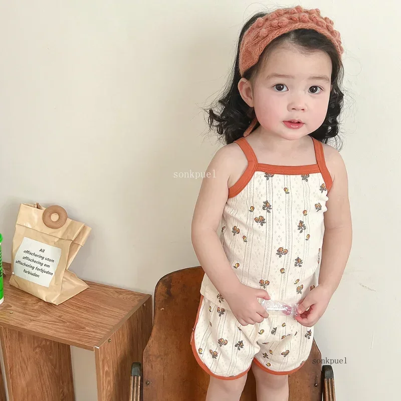 Baby Clothes Sets Summer Toddler Girl Strap Suits Cotton Printing Baby Boy Tops Tee and Shorts Infant Tracksuit Newborn Sets