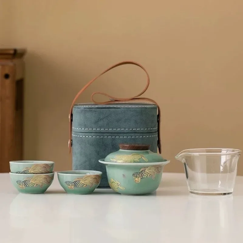 

Portable Tea Set Portable Outdoor Kung Fu Ceramic Tea Clipper Cup Three Cups Camping Tea Set Travel Clipper