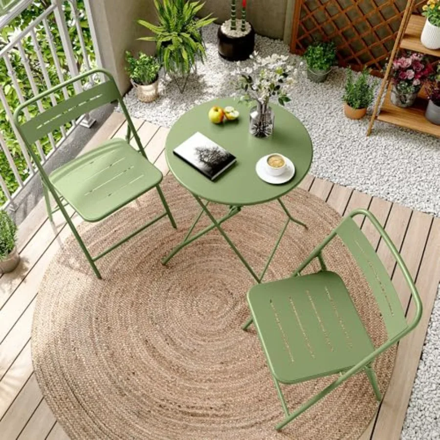 

3-Piece Steel Folding Bistro Set Round Green Weather-Resistant Patio Table 2 Chairs for Balcony Garden Yard Poolside Indoor
