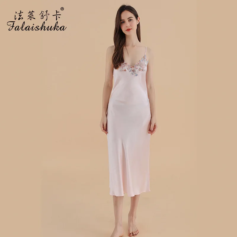 

19 momme 100% Genuine Silk long Dress Women Sleepwear Sexy lace summer Spaghetti straps longuette Nightgowns D3670