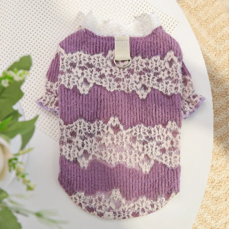 Pet Dog Warm Clothes Winter-weight Teddy Bottoming Shirt  Lace-trim Maltese Pullover Soft Two-piece Clothing  XS-XL