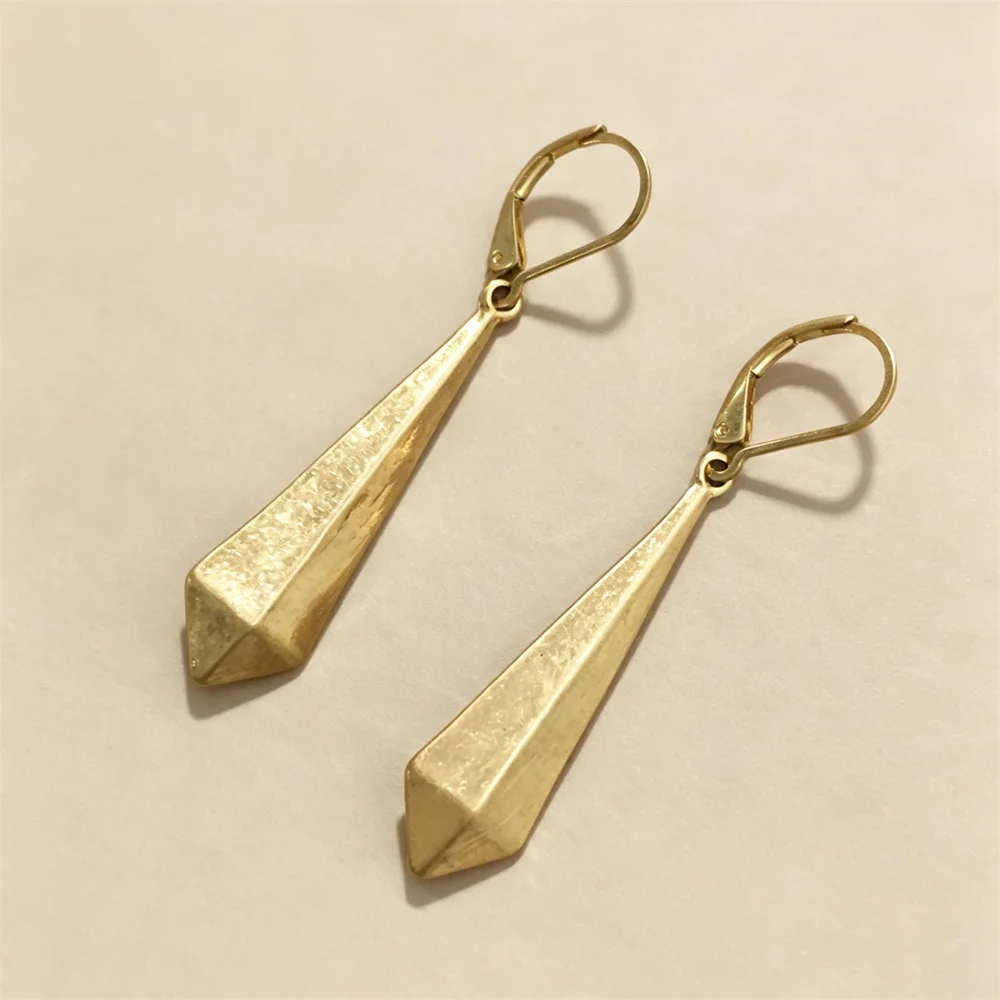 Vintage Matte Gold Faceted Long Teardrop Lever Back Dangle Earrings 3D Multi-Faceted Geometric Pyramid Drop Hoops for Women