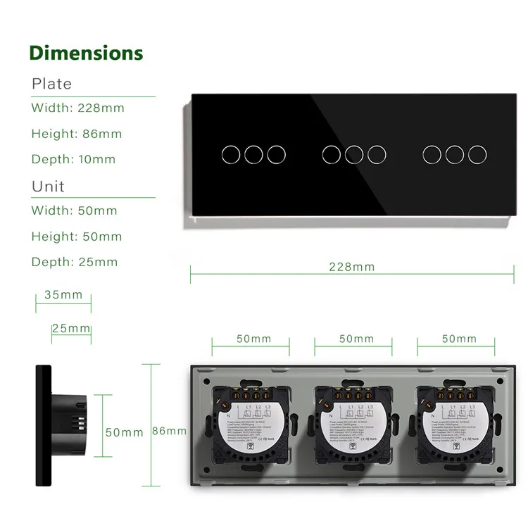 Hot Selling Good Quality 228mm WiFi 3 Gang 1 Way Wireless Switch Smart Home Industrial