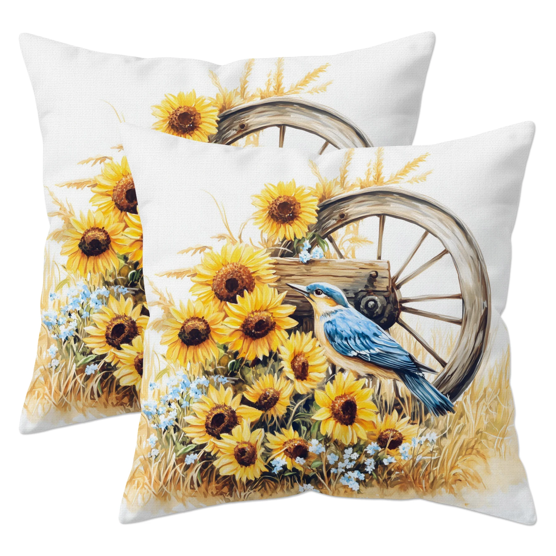 

Blue Bird Sunflower Pillow Covers 18x18 Inch Set of 2, Double-Sided Print White Linen Rustic Farmhouse Cushion Case for Sofa