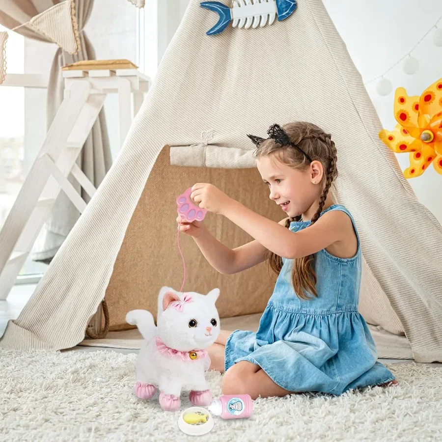 Interactive Electronic Plush Toy Walking and Barking Robot Cat Remote Control Kitten for Girls White Cat Soft Fabric Cute Desig