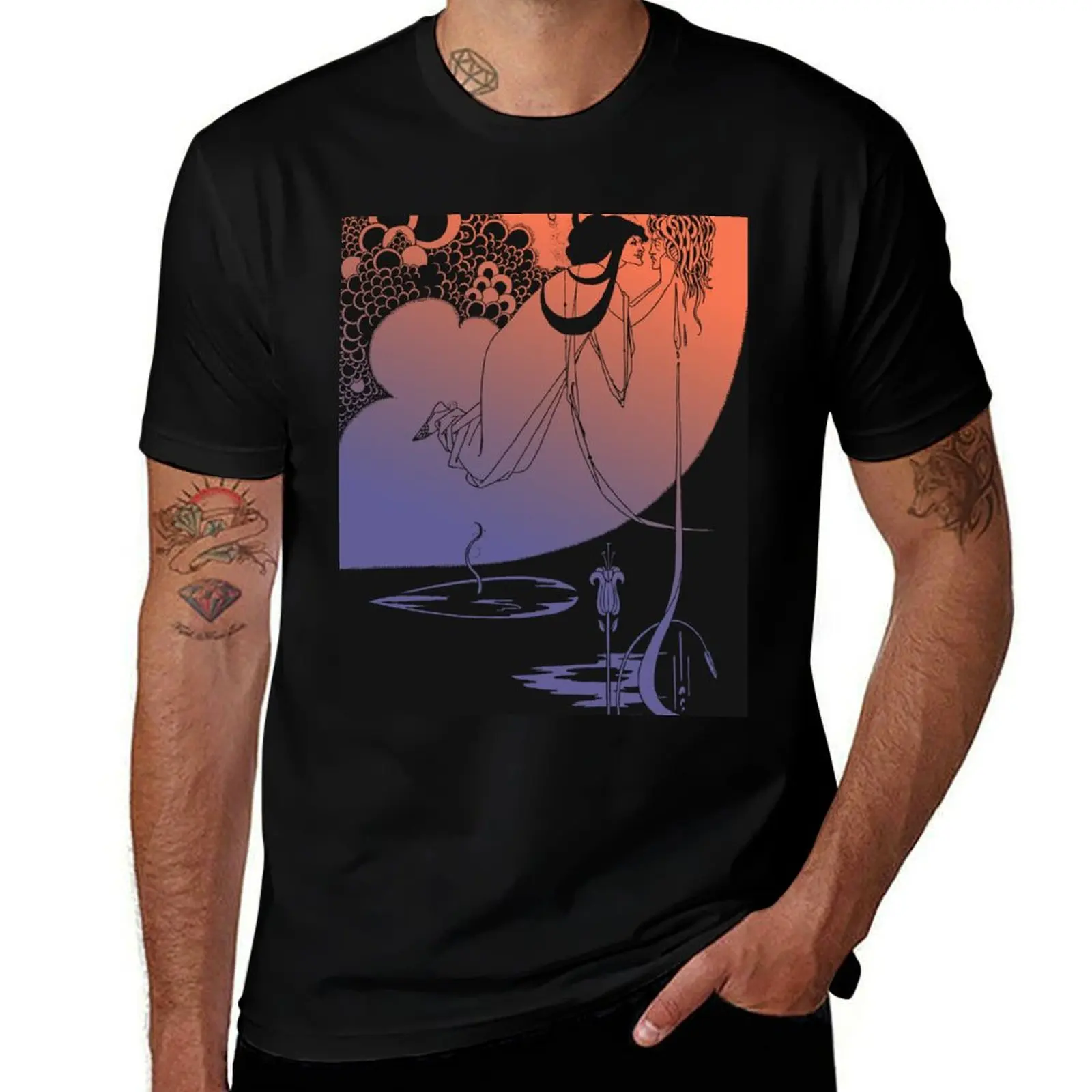 

Tinted Aubrey Beardsley The Climax 1893 Orange Blue T-Shirt Large Size Loose Casual Tee