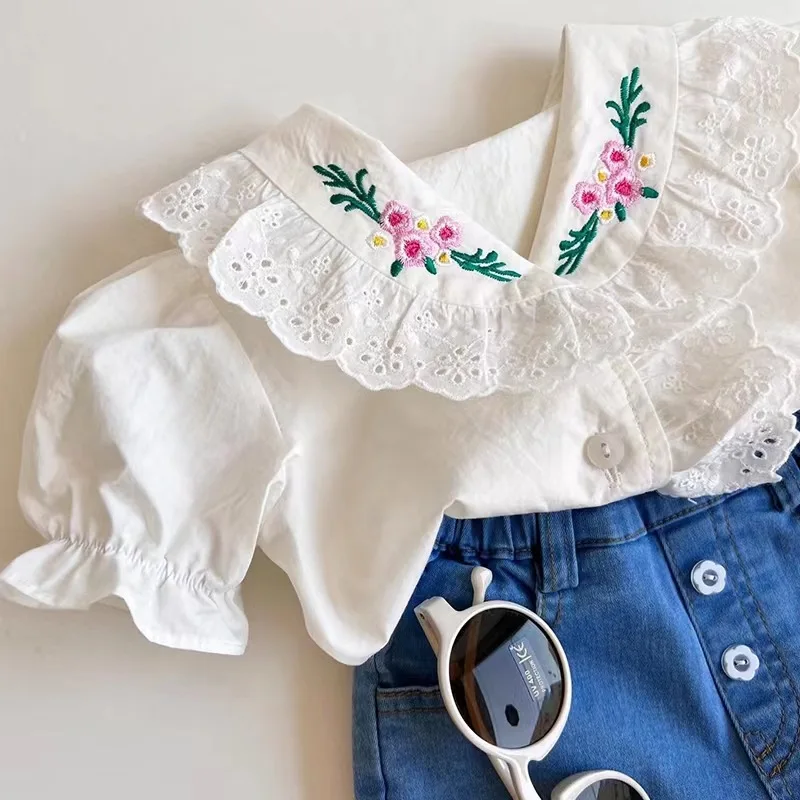 Girls' Short-sleeved Shirt Embroidered Lace Doll Shirt Summer Dress Korean Female Treasure Cute Pure Cotton Bubble Sleeve Top