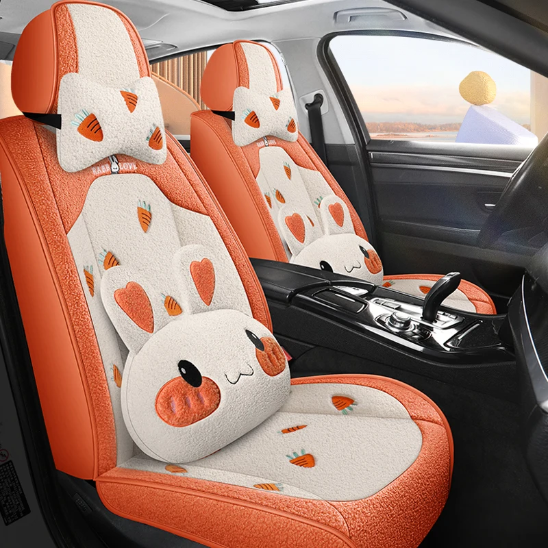 Cartoon Car Seat Cover Set for Women Universal Breathable Plush Universal Chair Cushion Seat Protector Interior Auto Accessories