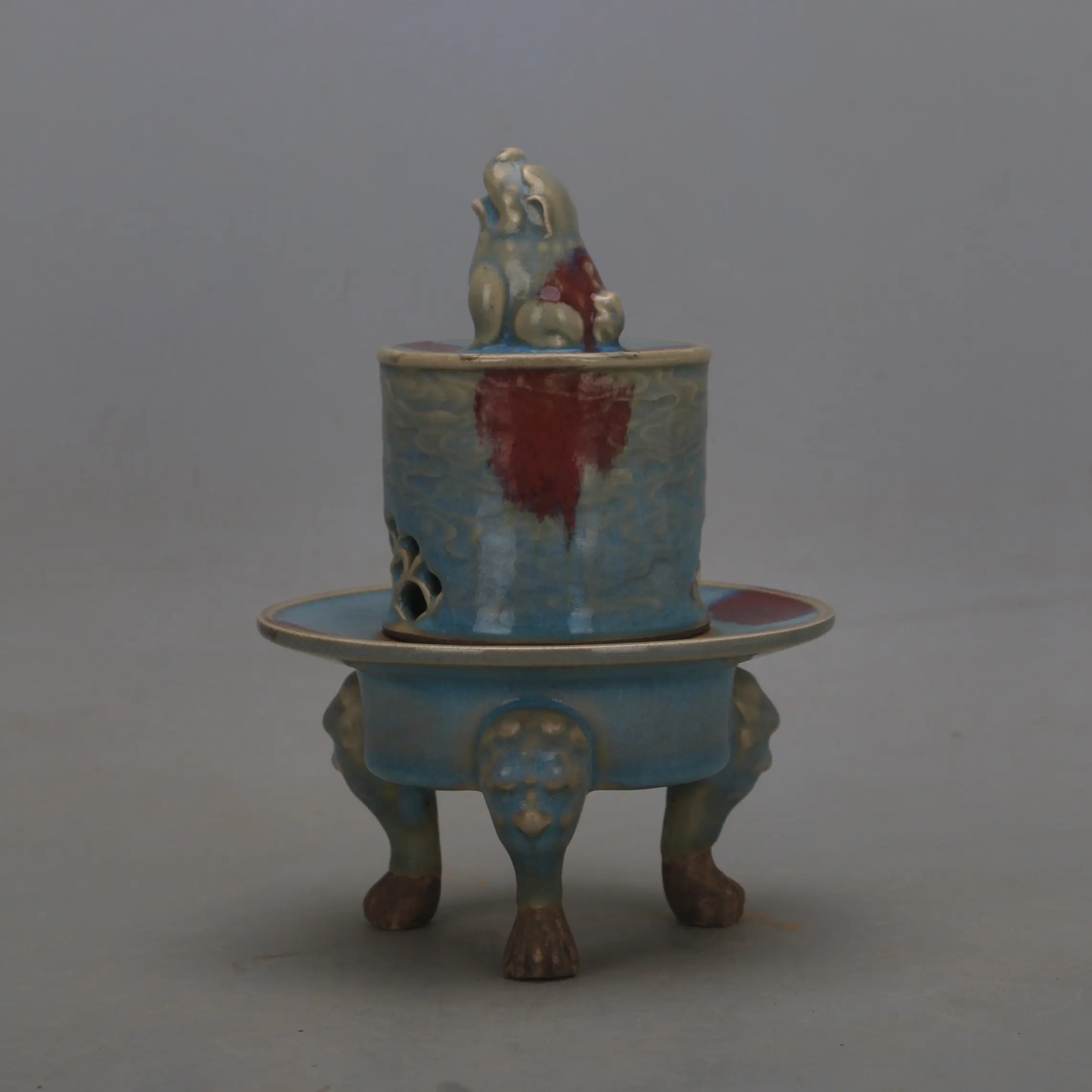 Song Dynasty Jun Ware Style Blue Glaze Spot Color Mythical Beast Openwork Tripod Incense Burner Handmade Home Decor Reproduction