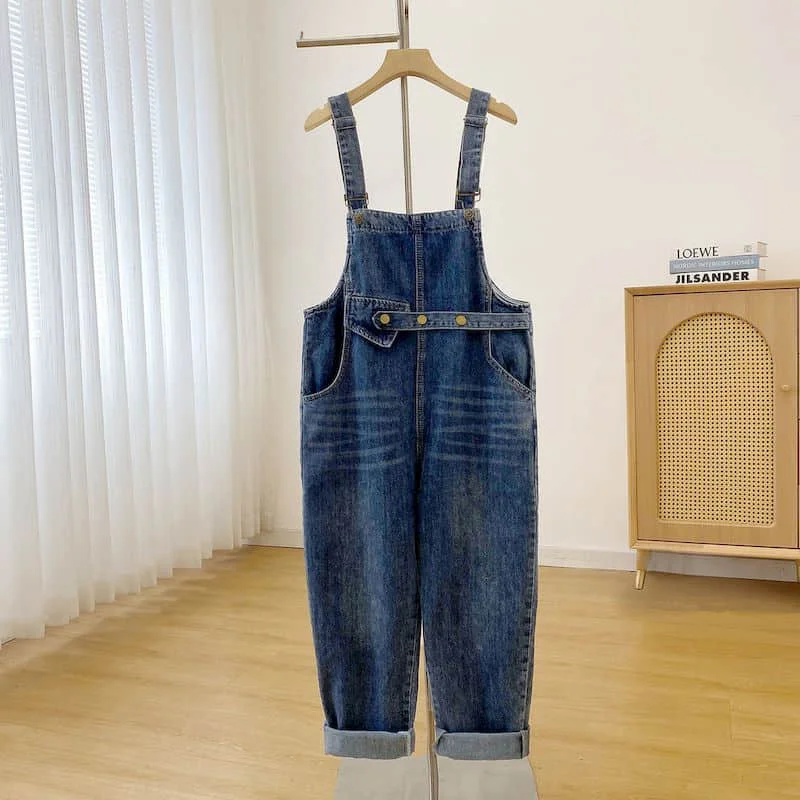 Denim Jumpsuits for Women Korean Style Rompers Casual Vintage Playsuits Straight Pants Loose Overalls One Piece Outfit Women