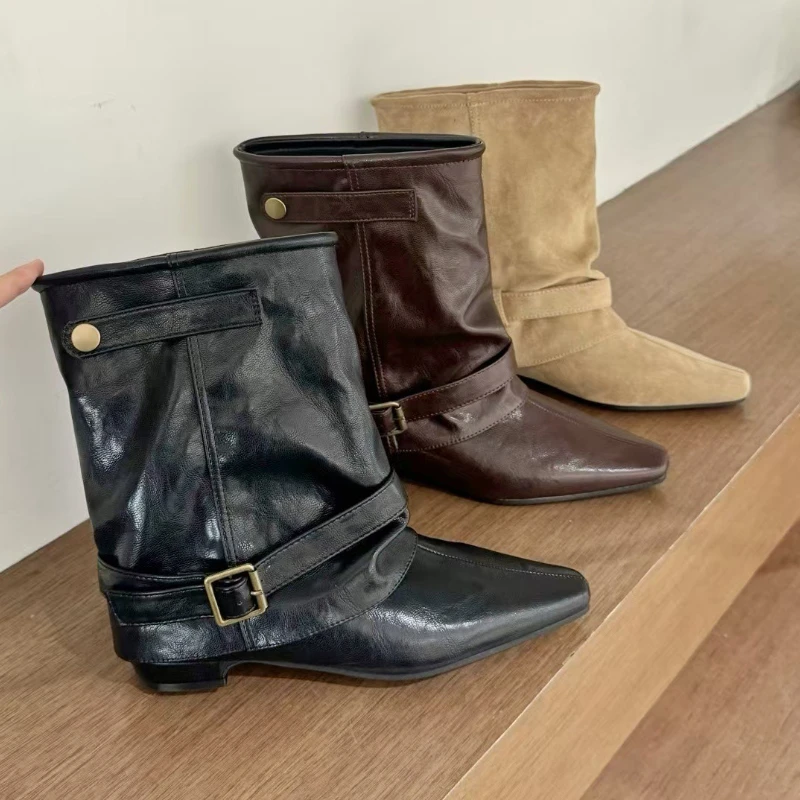 

Модельерские ботинки женские с острым носком и пряжкой на ремне современные короткие ботинки женские зимние ботильоны в западном стиле для женщин Botas