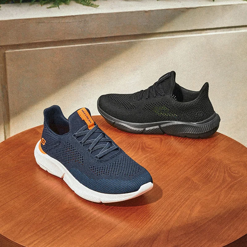 

Skechers Mens 2026 New Navy Blue Orange Breathable Mesh Walking Shoes Comfortable Slip On Sport Sneakers 210281NVOR
