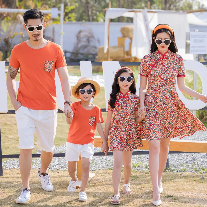 

Summer Family Matching Outfits Mother Daughter Cheongsam Dresses Dad Son Cotton T-shirt &Shorts Holiday Matching Couple Clothes