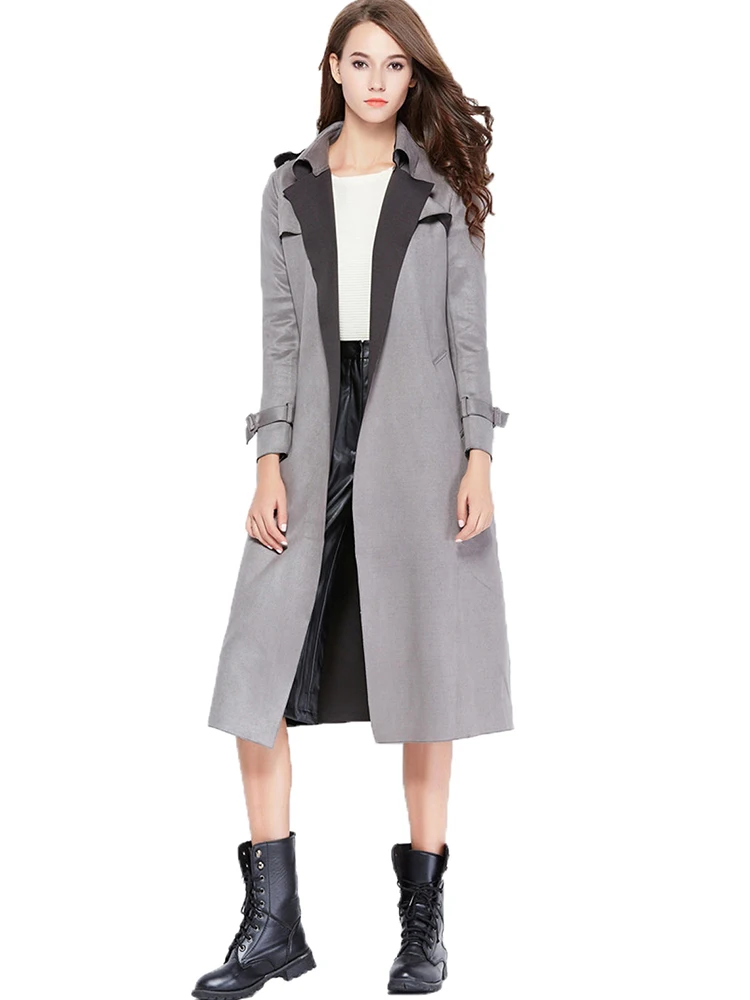 New 2022 Autumn Women Suede Long Trench Coat Ladies  Abrigo Mujer Long Elegant Outwear Red Grey Overcoat Slim Trench