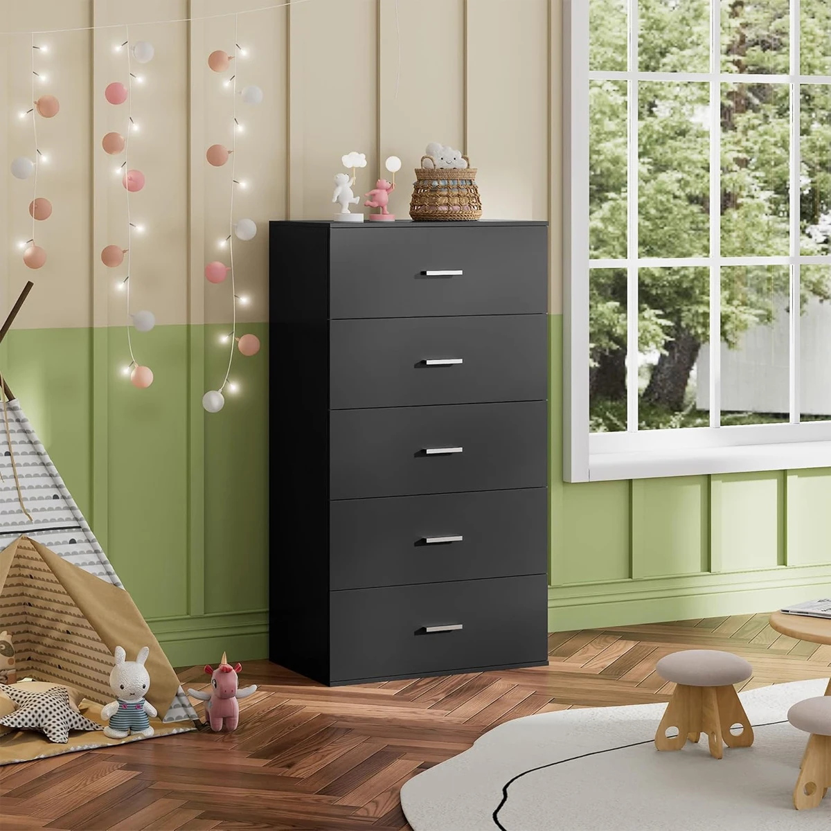Modern European Handmade Black 5-Drawer Tall Dresser with Storage for Kids' Bedroompromote sales
