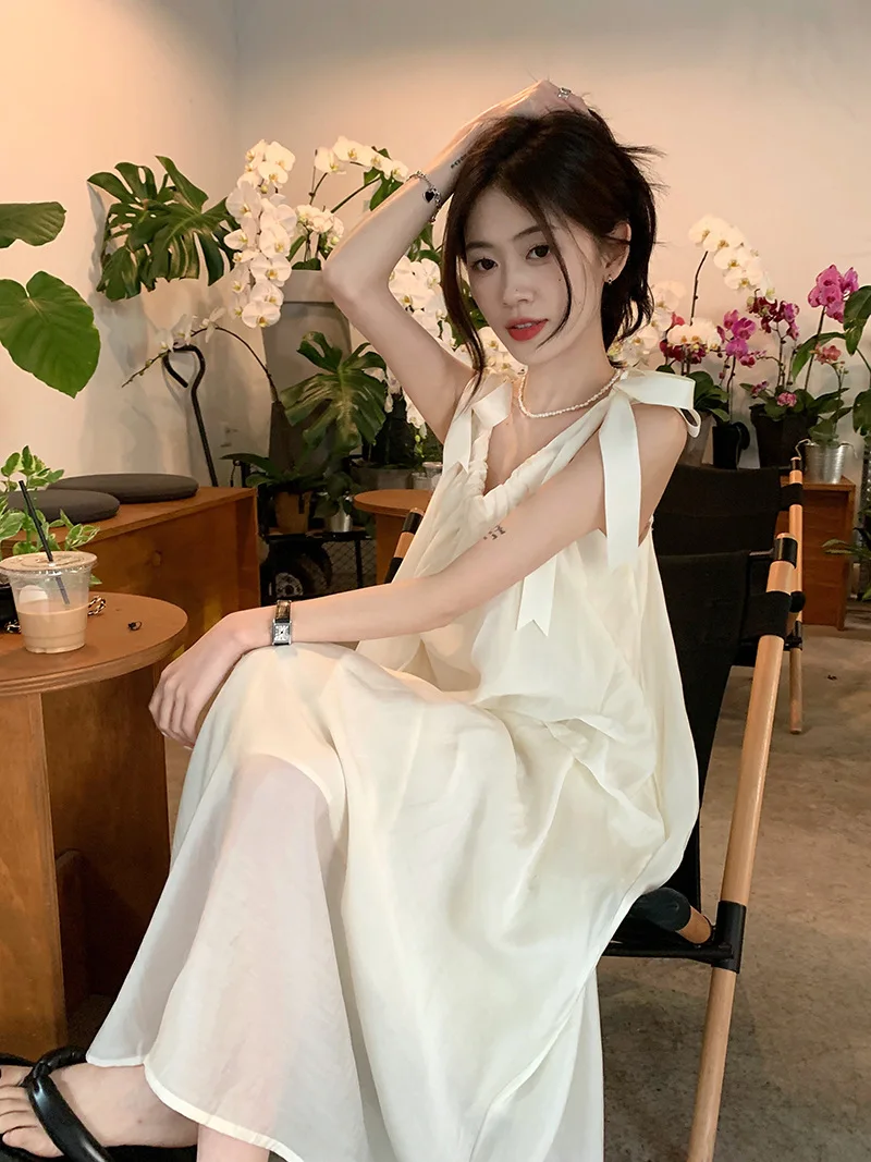 Seaside vacation wear suspender dress women's summer super fairy long loose and thin travel beach skirt