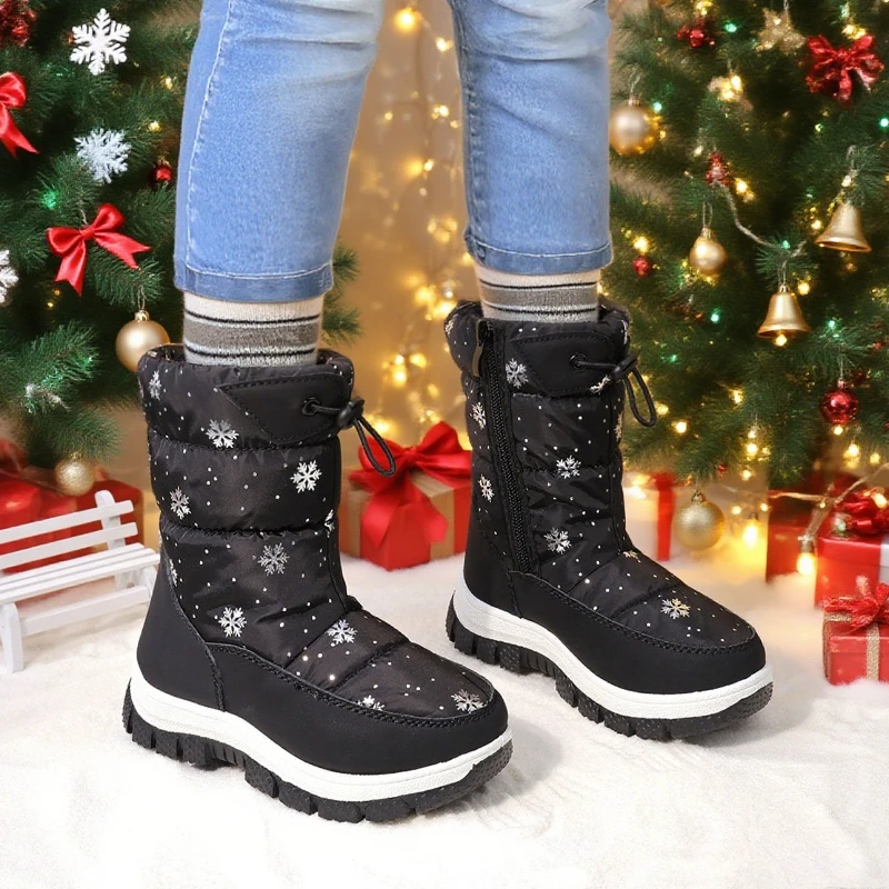 Christmas Children's Winter Thick Bottom Warm Waterproof Fleece Lined Mid-Calf Snow Boots Cotton Shoes Long Booties for Kids