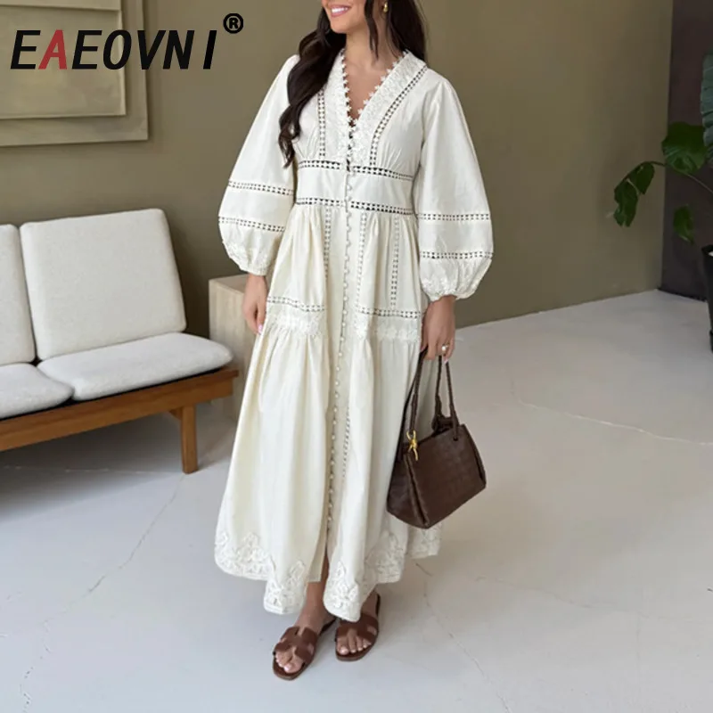 EAEOVNI 2026 Wiosenna Nowa Sukienka Damska z Wycięciami, Dekolt w Serek, Rękawy typu Latarnia, Krój A, Sukienki w Jednolitym Kolorze, Modna Odzież