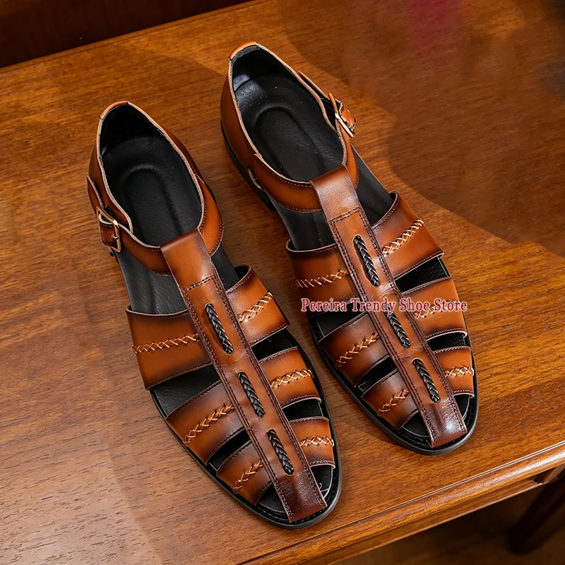Men's Retro Cowhide Roman Sandals Summer Breathable Open Toe Hollow Belt Buckle Casual Shoes British Style Party Male Shoes - view 5