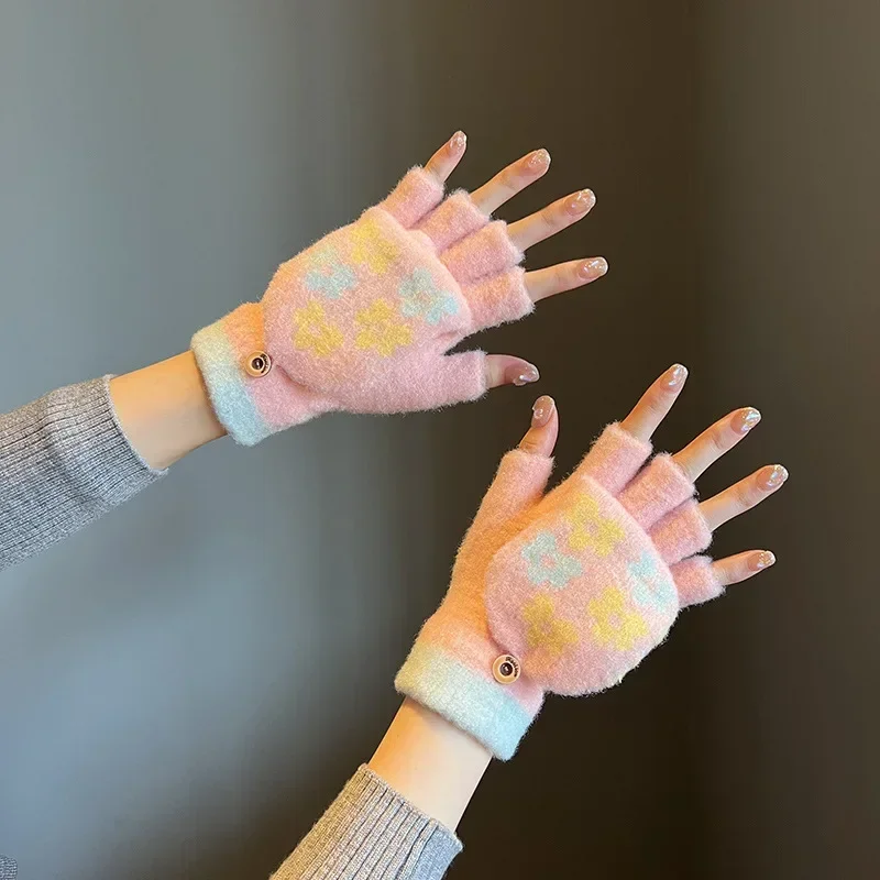 Guantes cálidos con solapa para mujer, guantes de medio dedo, lindos guantes de felpa sin dedos, Invierno para estudiantes