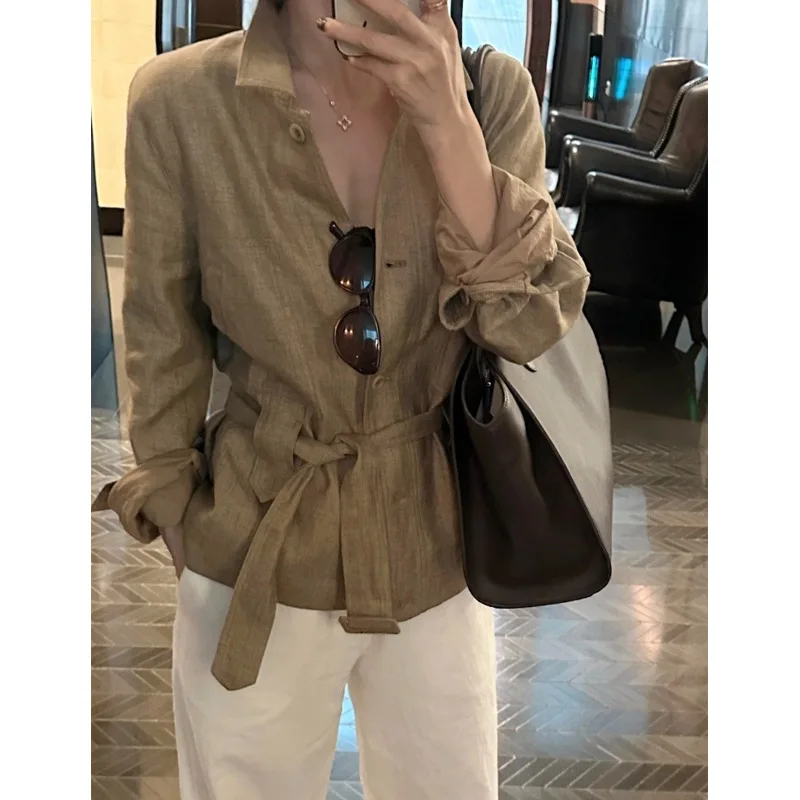 New Autumn Style Elegant And Sophisticated Fashionable Unique Beautiful Waist-Cinching Khaki Linen Short Coat For Women